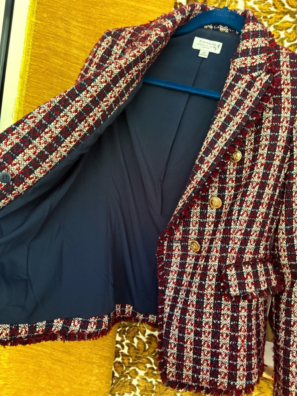 Tahari Burgundy Multi Tweed Fringe Double-BreastedRed/Burgundy Blazer - Picture 5 of 9